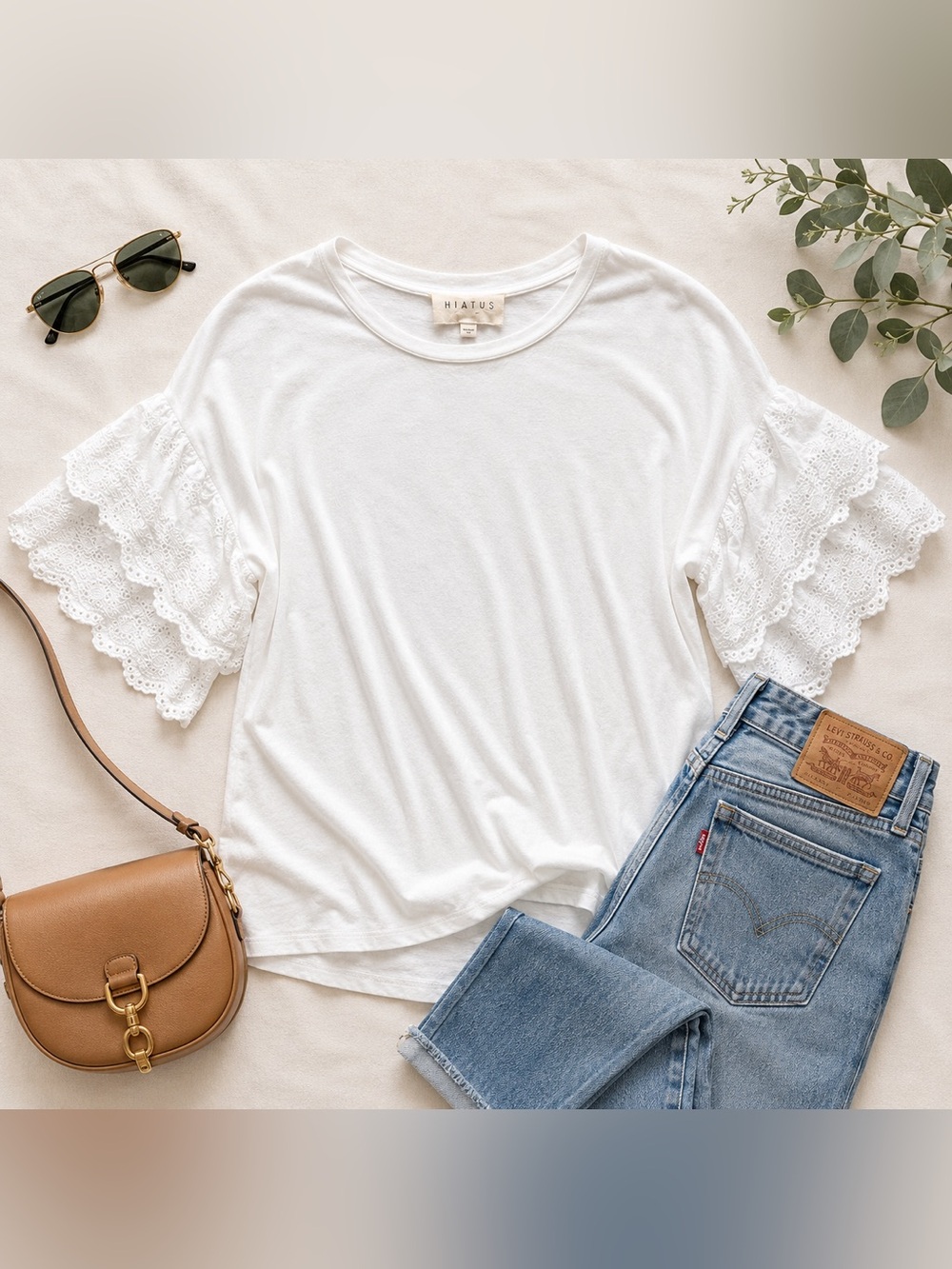 Hiatus Eyelet Ruffle Sleeve Tee White Oversized Top | Size M